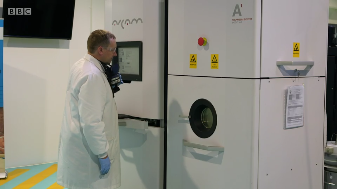 It seems from the programme that the sternum was printed using an Arcam machine. Image via BBC.