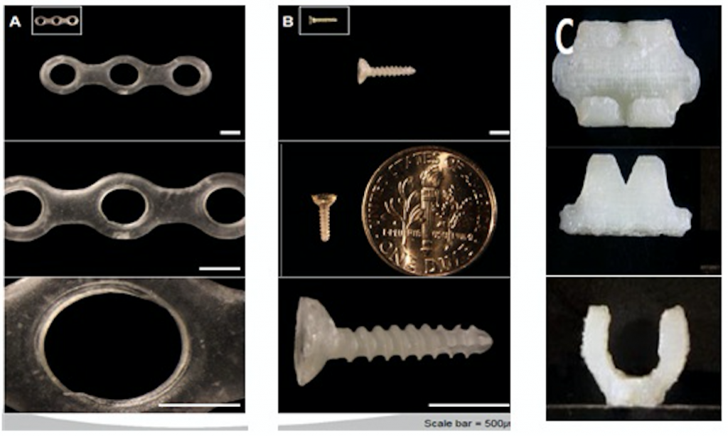 A surgical plate, screw and clip printed in silk by RDA/Hallym. Photo via: Yonhap